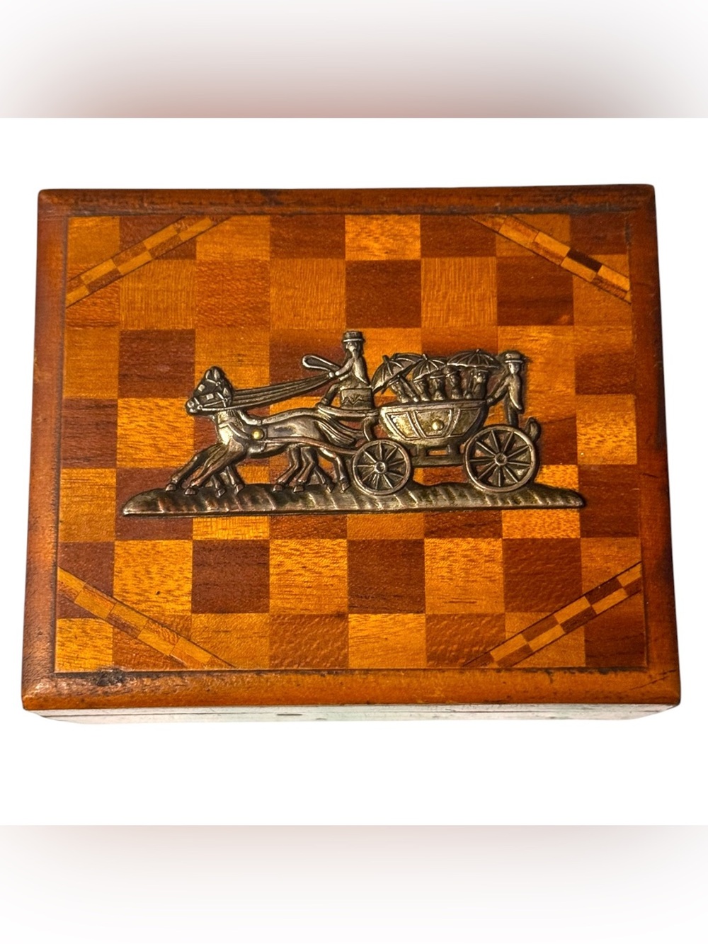 Mid-Century Occupied Japan Stagecoach Marquetry Inlay Check Trinket Wood Box